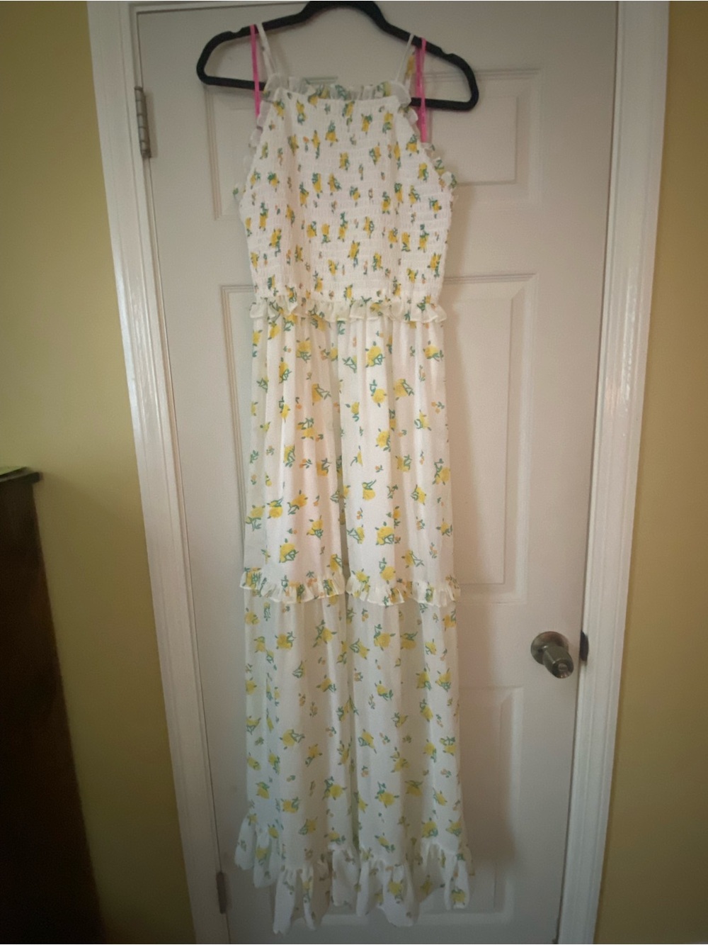 Betsey Johnson White Maxi Dress with Pink Label and Yellow & Green Floral Print